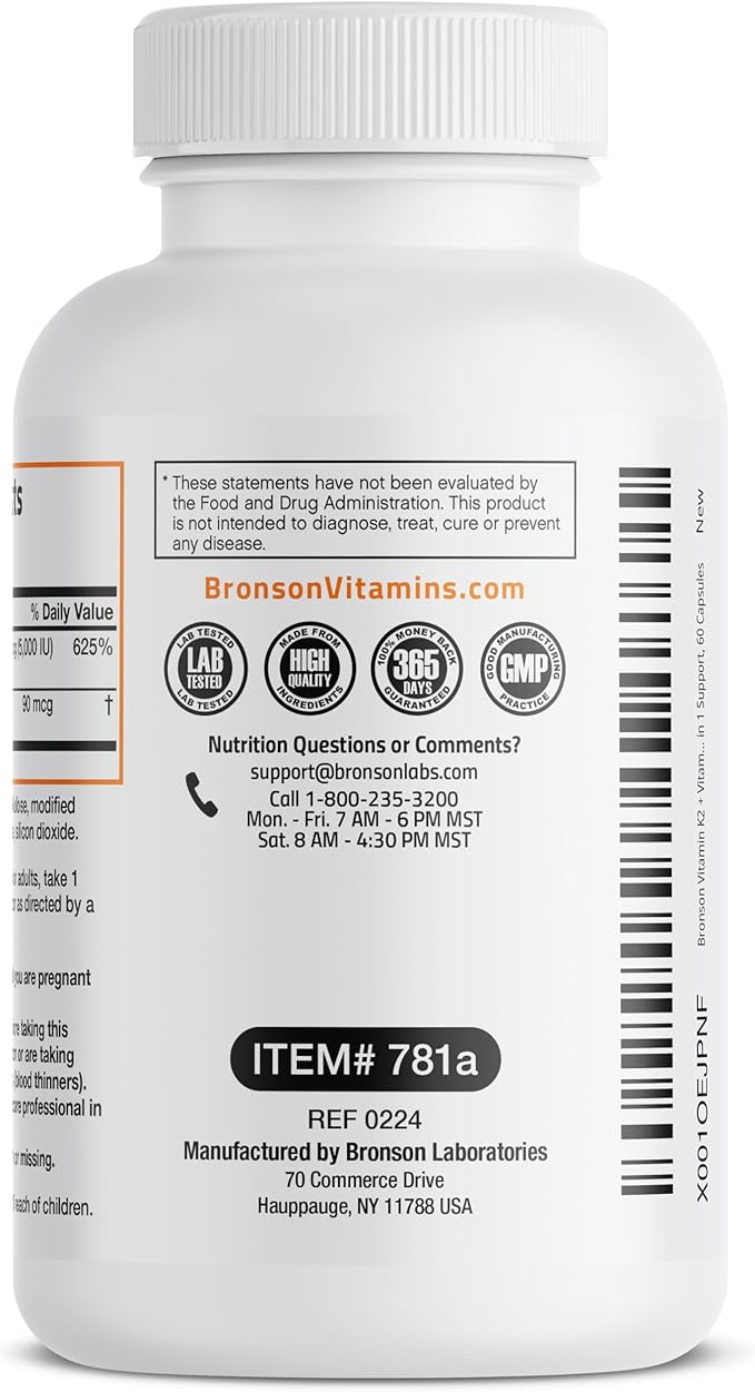 Bronson Vitamin K2 D3 (MK7) Supplement Non-GMO Formula Vitamin D3 5000IU (125 mcg) & 90 mcg K2 MK-7, Easy to Swallow D & K Complex, 60 Capsules