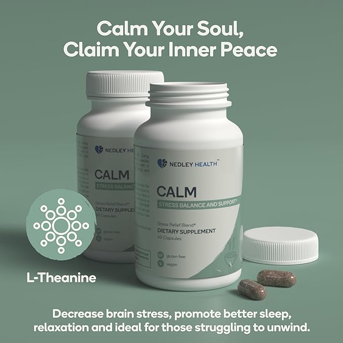 Calm - Natural Stress Relief & Mood Support Supplement - Ashwagandha, Lemon Balm, L-Theanine - 60 Vegan Capsules (Calm)