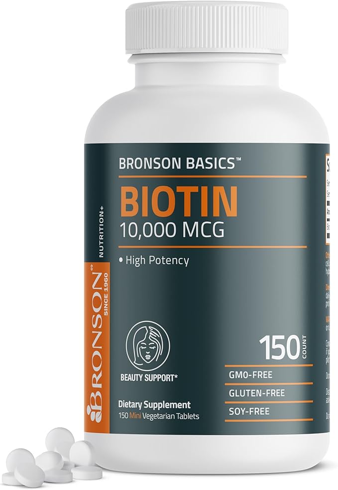 Bronson Biotin 10,000mcg, Supports Healthy Hair, Skin and Nails, Vegetarian, Non-GMO, 150 Tablets