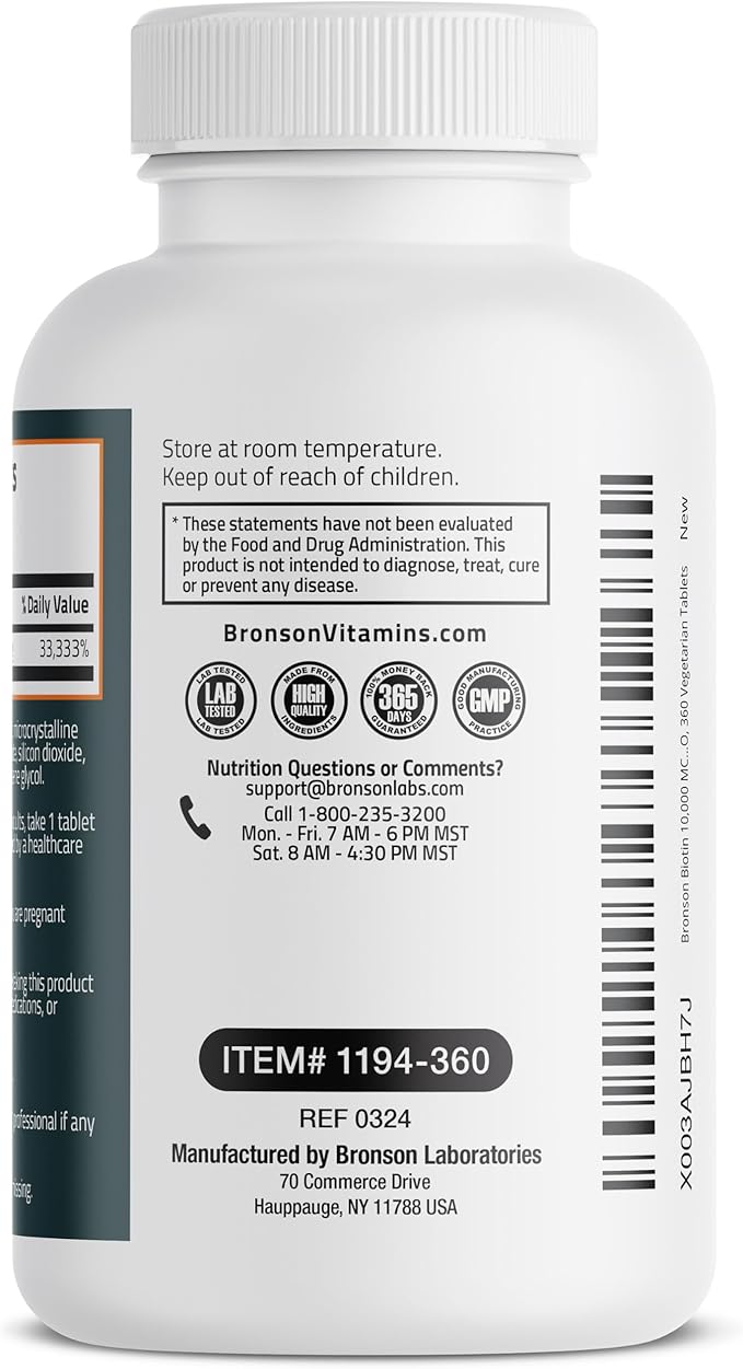 Bronson Biotin 10,000mcg, Supports Healthy Hair, Skin and Nails, Vegetarian, Non-GMO, 360 Tablets