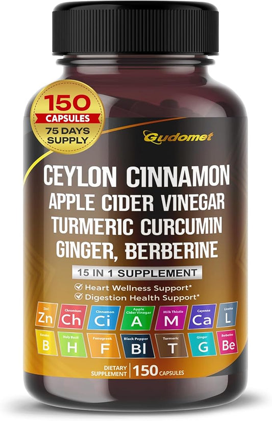 Ceylon Cinnamon Apple Cider Vinegar Turmeric Ginger Root Berberine Gymnema sylvestre Milk Thistle Licorice -150 Capsules- Made in USA