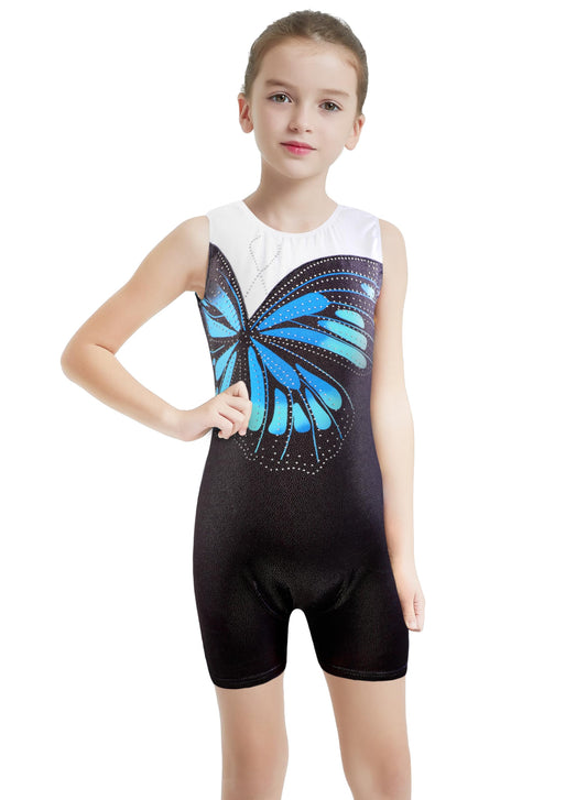 HOZIY Gymnastics Leotards for Girls Butterfly Blue Black White Spliced Biketard Tumbling Outfits Rhinestone Diamond 5t 5-6 Years