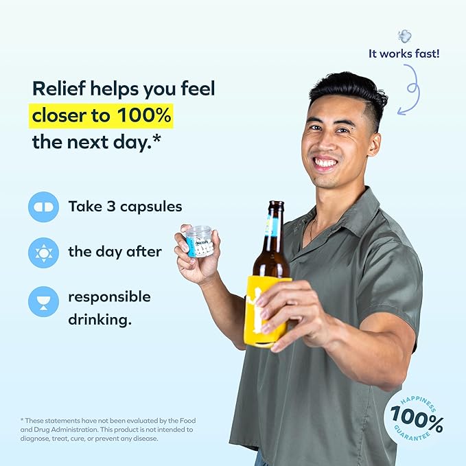 Cheers Relief | Next Morning Aid with Ginger + White Willow Bark | Feel Better After Drinking | 36 Doses | Ginger, White Willow Bark, L-Theanine, Caffeine