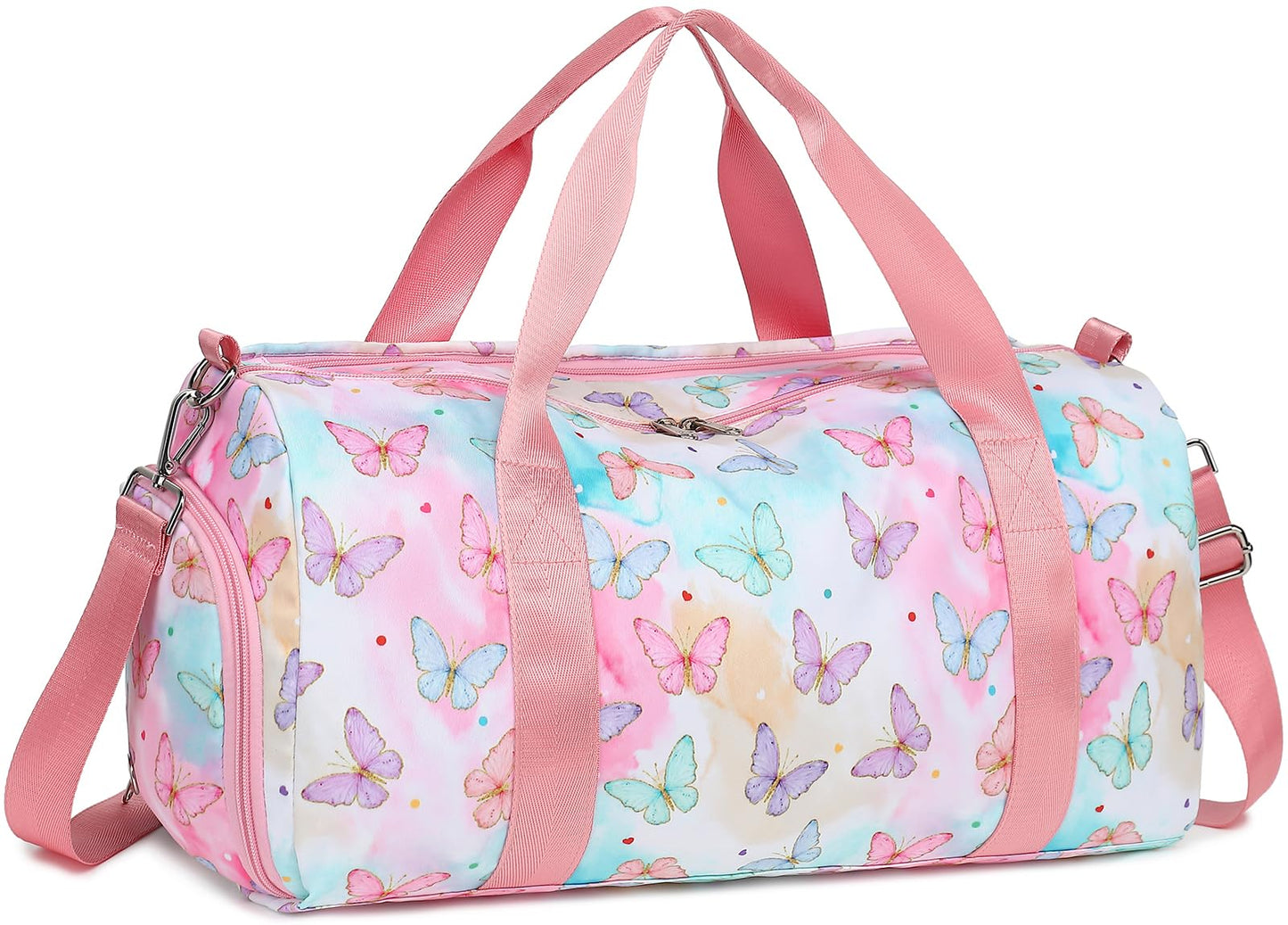 Gym Bag Kids Girls Sports Duffle Bag with Wet Pocket Dance Bag Cheerlead Overnight Weekender Bag with Shoe Compartment Travel Bag (Butterfly 14 Pink)