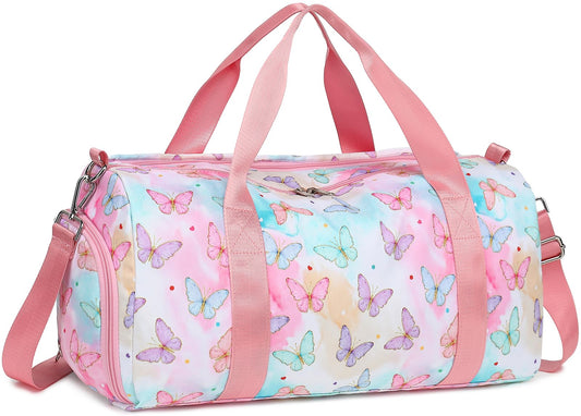 Gym Bag Kids Girls Sports Duffle Bag with Wet Pocket Dance Bag Cheerlead Overnight Weekender Bag with Shoe Compartment Travel Bag (Butterfly 14 Pink)