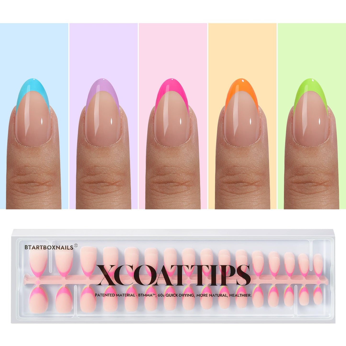 BTArtboxnails XCOATTIPS Press on Nails - French Tip Nails Short Almond, Brighter Pastel Soft Gel Nail Tips False Nail, Soak Off Acrylic Fake Nails Art Home DIY