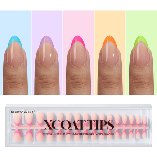 BTArtboxnails XCOATTIPS Press on Nails - French Tip Nails Short Almond, Brighter Pastel Soft Gel Nail Tips False Nail, Soak Off Acrylic Fake Nails Art Home DIY