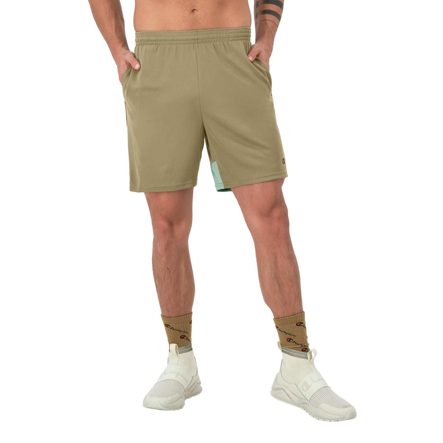 Champion Sport, Moisture Wicking, Athletic Men, Gym Shorts (Reg. or Big & Tall), Soft Suede/Nimbus Green Reflective C, Small