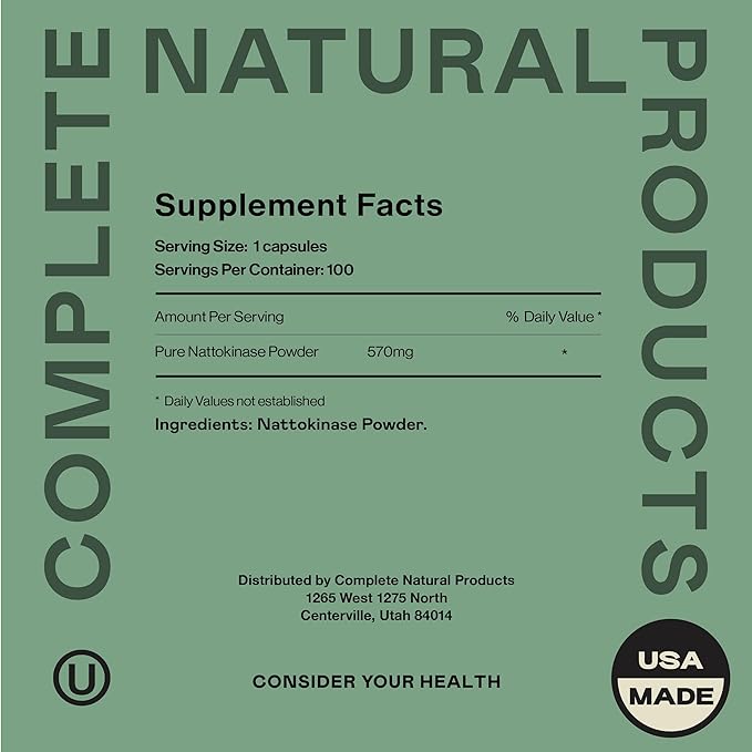 Complete Natural Products Nattokinase Capsules - 100 Count 570Mg 6000Fu'S, Support Healthy Circulation, Natto Enzymes, Gluten Free, Pure Soy Enzyme, Vegan, Non-GMO