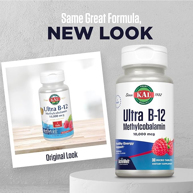 KAL Ultra B12 Methylcobalamin 10,000mcg, High Potency Vitamin B-12 for Healthy Energy, Metabolism, Nerve, Red Blood Cell Support,* Natural Raspberry Flavor, Vegetarian, 30 Micro Tablets, 30 Servings