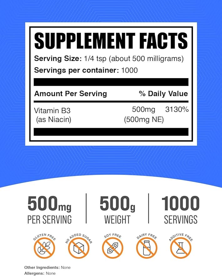 BulkSupplements.com Niacin Powder - Vitamin B3 Supplement, Niacin 500mg - Niacin Flush, Niacin with Flushing - Gluten Free, 500mg of Niacin per Serving, 500g (1.1 lbs) (Pack of 1)
