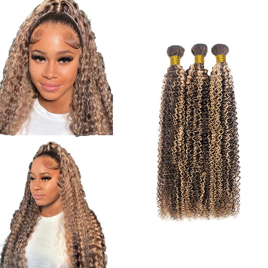 Highlight Human Hair Bundles P4/613 Bundles Brown Curly Wave Human Hair Bundles Grade 8A Brazilian Hair 3 Bundles 14 14 14 inch Blonde Kinky Curly Bundles Hair Extensions