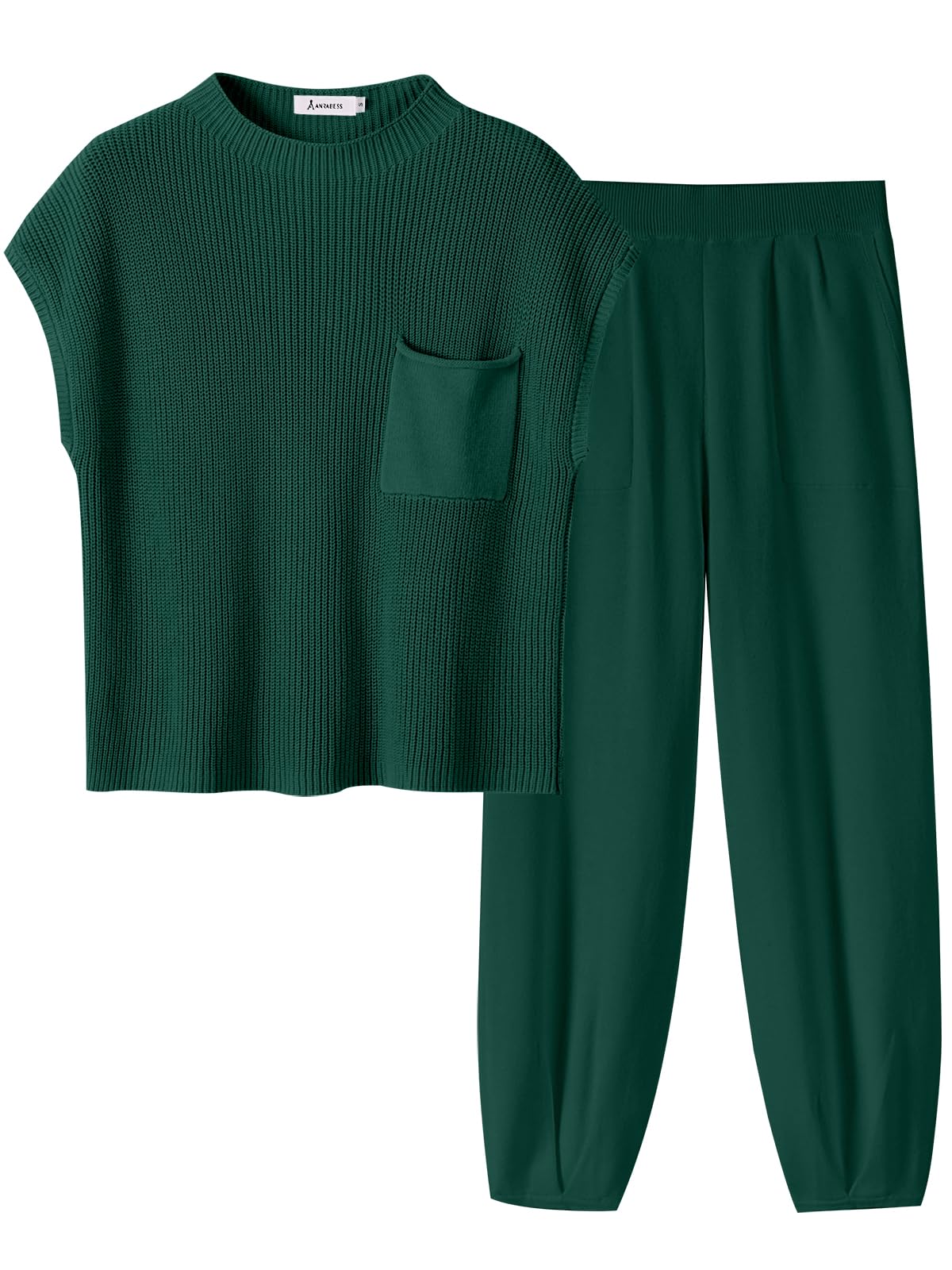 ANRABESS Women's Two Piece Outfits Knit Sweater Pullover Crop Top & Pants Lounge Matching Tracksuit Sweatsuit Sets 2024 Trendy Loungewear Clothes Dark Green X-Small