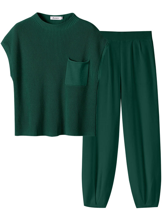 ANRABESS Women's Two Piece Outfits Knit Sweater Pullover Crop Top & Pants Lounge Matching Tracksuit Sweatsuit Sets 2024 Trendy Loungewear Clothes Dark Green X-Small