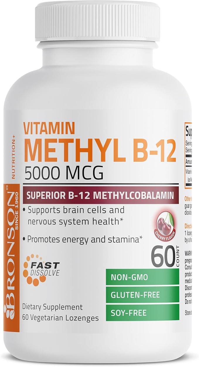 Bronson Methyl B12 5000 mcg Vitamin B12 Methylcobalamin Energy & Brain Support 60 Lozenges
