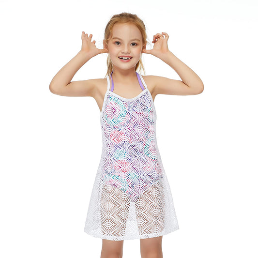 Jimmy Baha·mas Swimsuit Cover Up for Girls Little Kids Girl's Beach Crochet Mesh Crossback Swim Cover Up Dress (White, S)
