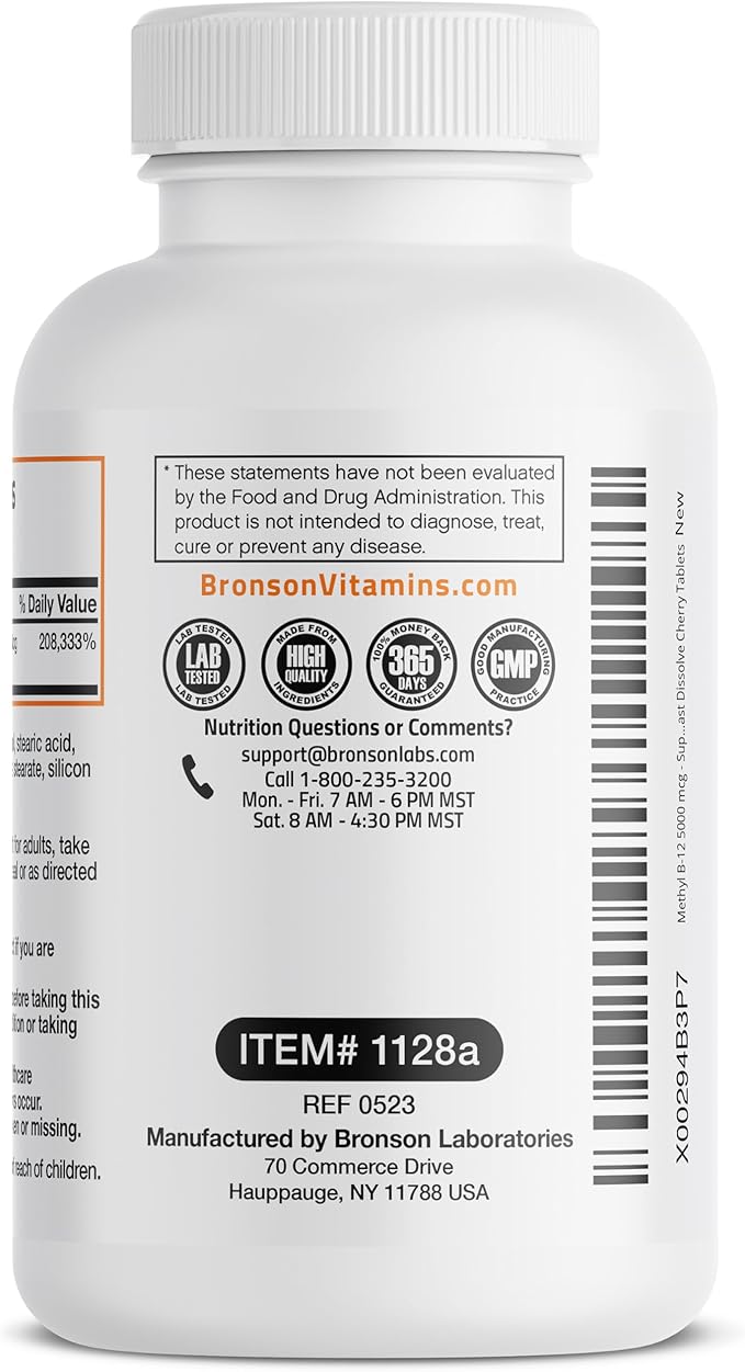 Bronson Methyl B12 5000 mcg Vitamin B12 Methylcobalamin Energy & Brain Support 60 Lozenges