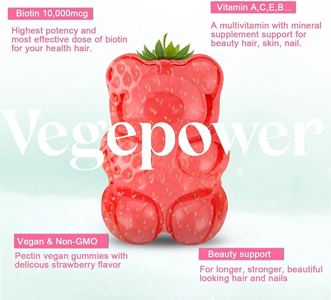 Hair Growth Gummies with Biotin 10,000mcg - Vegan Hair Vitamins Gummy for Yor Healthy Hair, Skin & Nails, Added B-Complex, Vitamin D, Vitamin A & Zinc - Hair Supplement for Women Men (60, Strawberry)