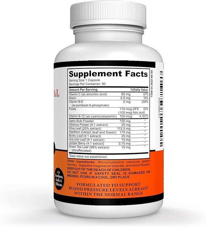 Hawthorn Extract Supplement, Olive Leaf Supplement, Garlic Extract Supplement & Hibiscus Supplement - 90 Capsules