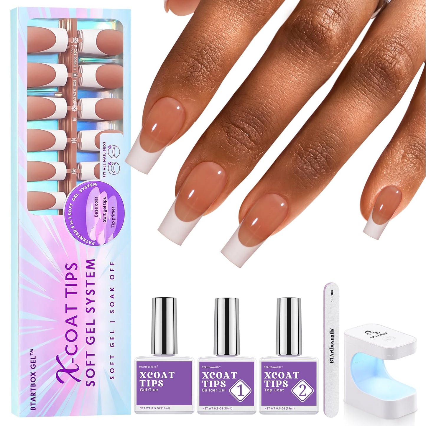 BTArtboxnails XCOATTIPS French Tip Nail Kit - Long Square Brown French Nail Tips with Nail Gel, French Protecing Duo, Nail Lamp, Gel Nail Extension Kit