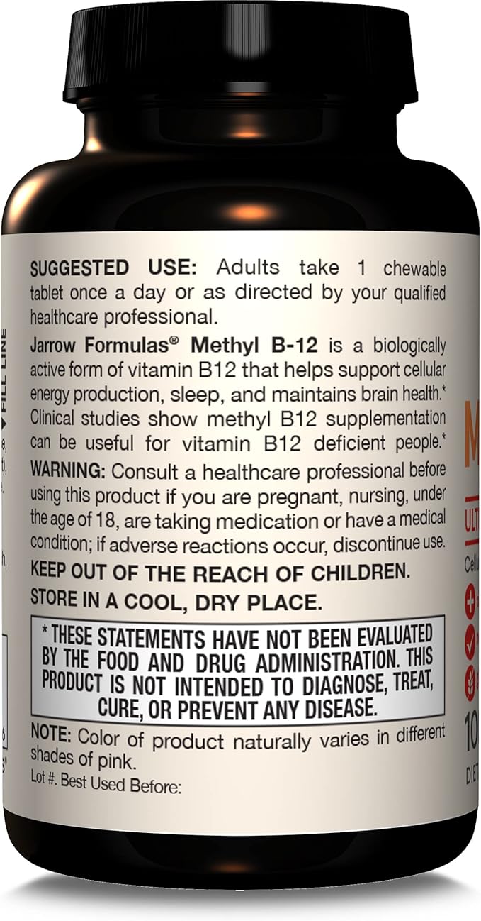 Jarrow Formulas Ultra Strength Methyl B-12, Dietary Supplement for Cellular Energy Production, 100 Tropical-Flavored Chewable Tablets, Up to a 100 Day Supply