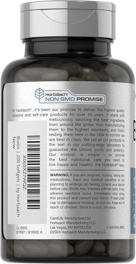 Horbaach Biotin 10000 mcg | 200 Softgels | Vitamin B7 Supplement | Non-GMO & Gluten Free