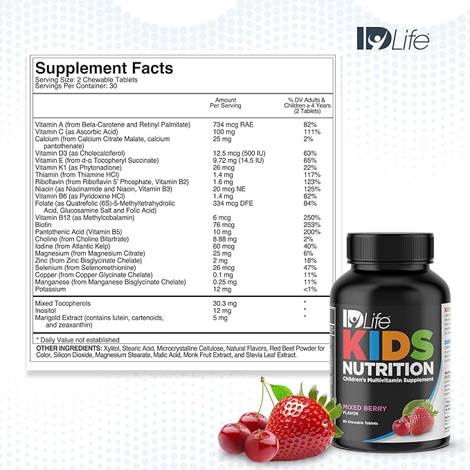 IDLife Mixed Berry Kids Nutrition Chewable Tablets - Essential 24 Vitamins & Minerals for Growing Bodies - Daily Nutritional Support - 60 Count
