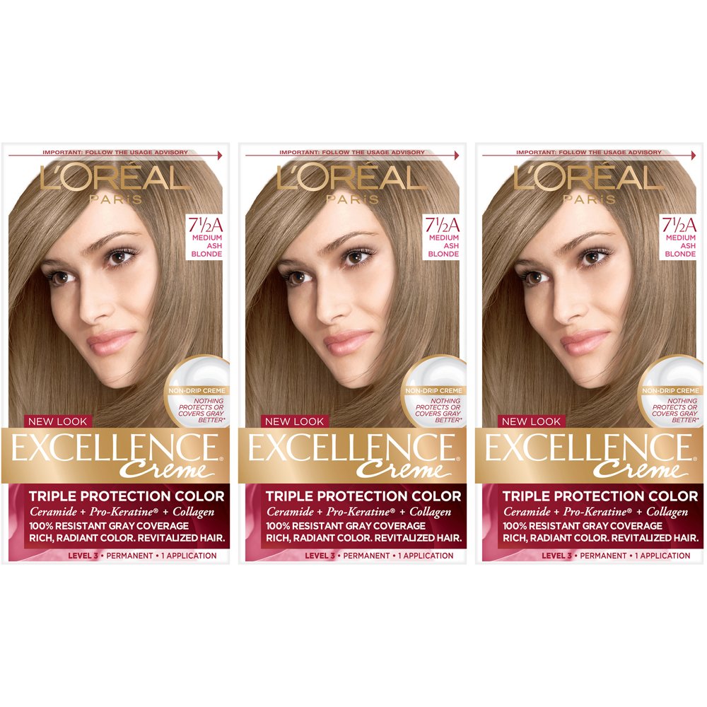 L'Oreal Paris Excellence Creme Permanent Hair Color, 7.5a Medium Ash Blonde (Pack of 3)