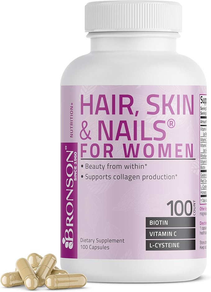 Bronson Hair, Skin & Nails with Biotin Extra Strength Vitamin Supplement for Women, 100 Capsules