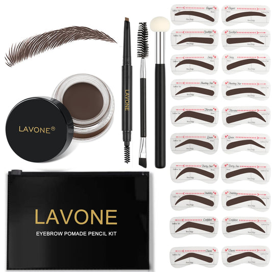 LAVONE Eyebrow Stamp Stencil Kit - Brow Stamp Trio with Waterproof Pencil, Pomade, 20 Stencils, Dual-ended Brush and Sponge Applicator - Dark Coffee