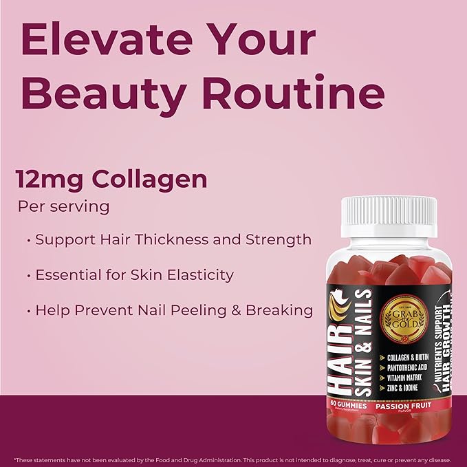 Grab The Gold Hair Skin & Nails Gummies Vitamins with 6000mcg Biotin + Collagen + 10 Vitamins & Minerals, Gluten-Free, Passion Fruit Flavor (1 Bottle = 1 Month Supply)