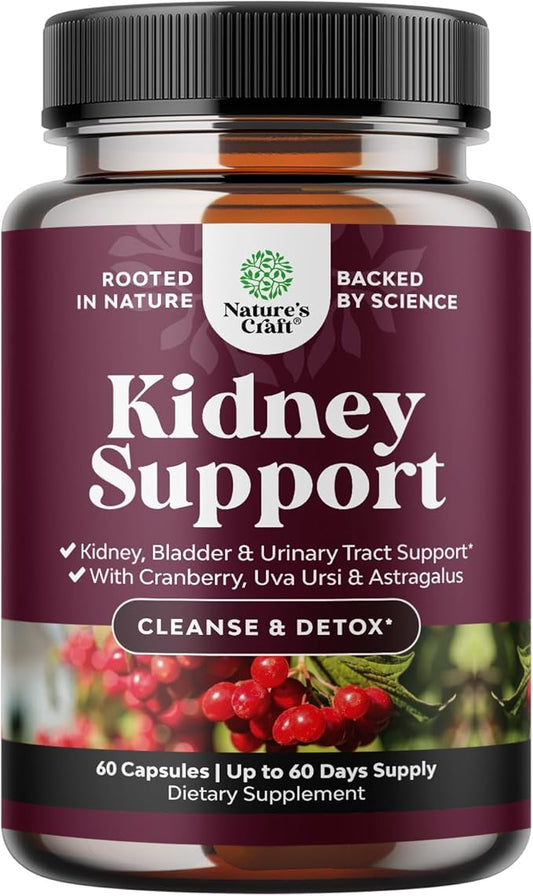 Kidney Support Supplement - High Strength Kidney Cleanse, Detox & Repair Cranberry Extract Capsules with Uva Ursi, Stinging Nettle & Chanca Piedra - Urinary Tract Health & Bladder Cleanse - 60 Caps