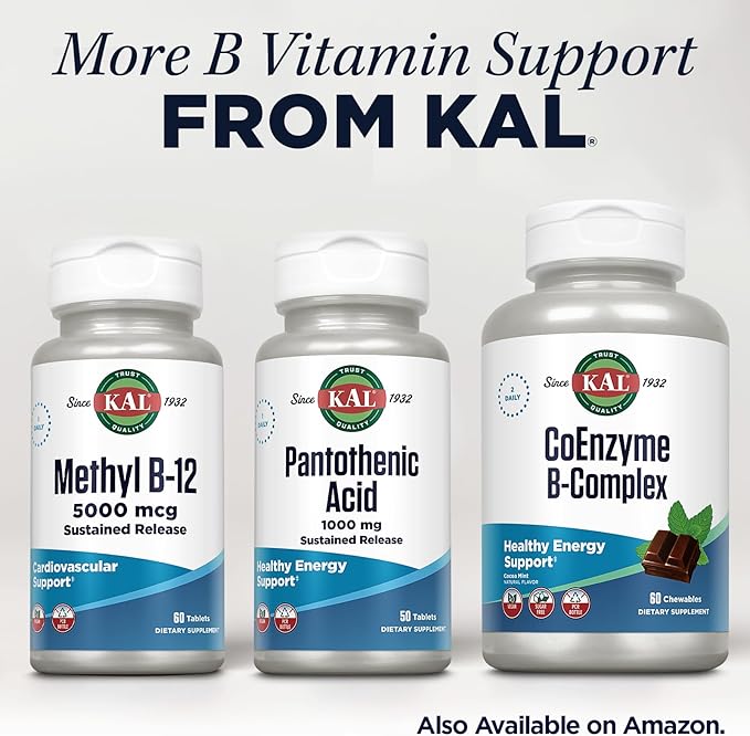 KAL Pantothenic Acid 1000mg, Sustained Release Vitamin B5 - Energy Supplements - Supports Metabolism of Carbs, Fat and Protein, Hair and Skin Health, Vegan, 60-Day Guarantee, 50 Servings, 50 Tablets
