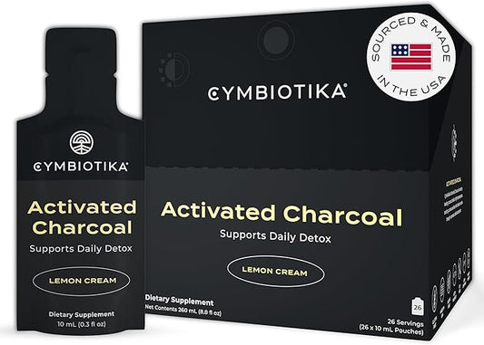 CYMBIOTIKA Activated Charcoal Liquid Supplement with Vitamin E, Gut Health & Digestive Support for Adults, Helps Cleanse, Detox, Support Gas, Bloating, Lemon Cream Flavor, Vegan, 10ml Pouches, 26 Pack