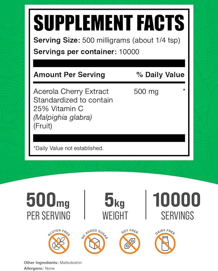 BulkSupplements.com Acerola Cherry Extract Powder - Natural Vitamin C Supplement, Acerola Cherry Powder - Vegan & Gluten Free, 500mg per Serving, 5kg (11 lbs) (Pack of 5)