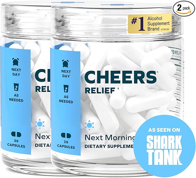 Cheers Relief | Next Morning Aid with Ginger + White Willow Bark | Feel Better After Drinking | 24 Doses | Ginger, White Willow Bark, L-Theanine, Caffeine