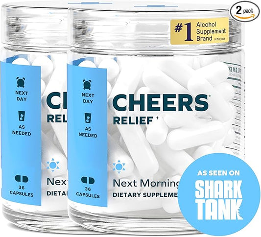 Cheers Relief | Next Morning Aid with Ginger + White Willow Bark | Feel Better After Drinking | 24 Doses | Ginger, White Willow Bark, L-Theanine, Caffeine