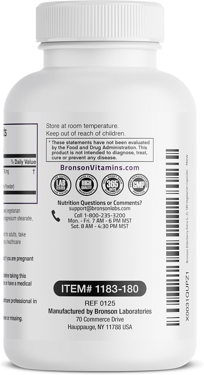 Bronson Elderberry Extra Strength, Supports Healthy Immune System & Antioxidant Protection, Non GMO, 180 Vegetarian Capsules