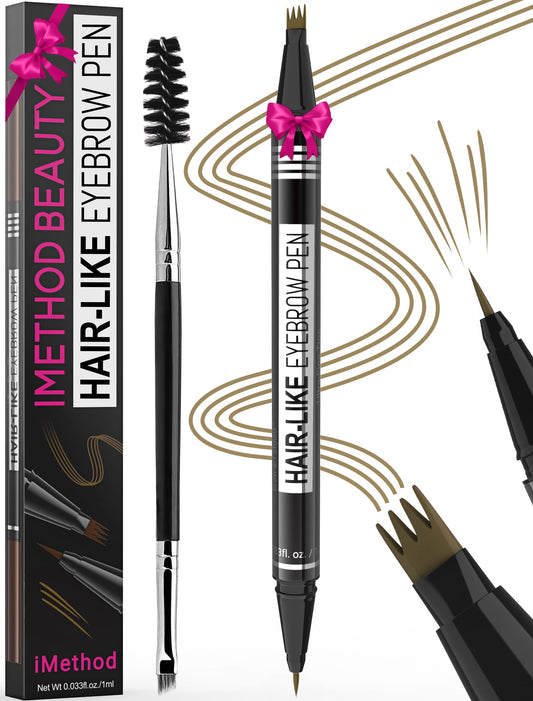 iMethod Eyebrow Pen - Eyebrow Pencil Magical 2-in-1 Eye Brow Pencils for Women with 4-Fork-Tip & Precise Brush-Tip Create Natural Hair-Like Brows, Last All-Day, Microblading Eyebrow Pen, Light Brown