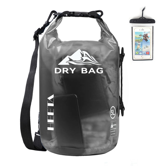 HEETA Waterproof Dry Bag for Women Men, Roll Top Lightweight Dry Storage Bag Backpack with Phone Case for Travel, Swimming, Boating, Kayaking, Camping and Beach, Transparent Black 5L