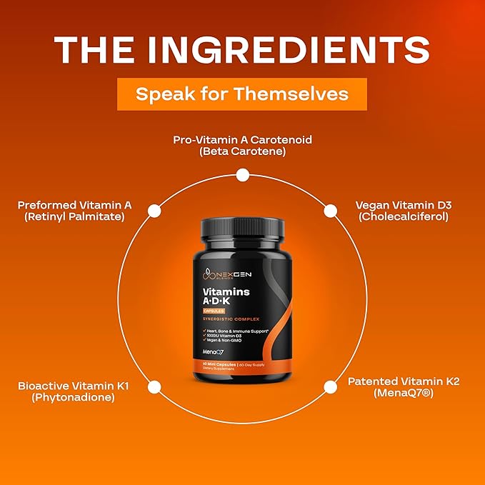 High Absorption ADK Vitamin Supplement - Vegan Vitamin D3 K2 MK7 & A for Calcium Regulation plus Bone Heart Thyroid & Immune Support - Vitamin ADK with 5000IU D3 Non GMO & Gluten Free (2 Months)