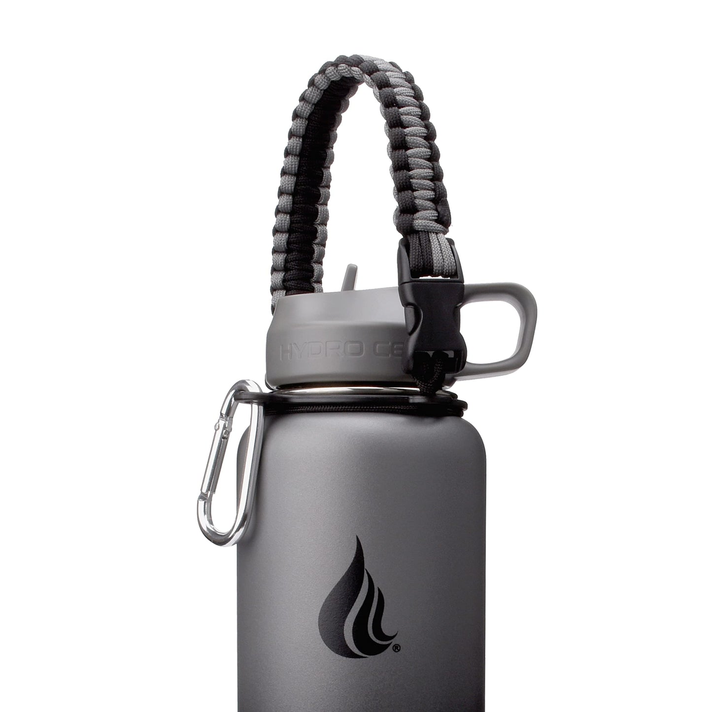 HYDRO CELL Paracord Handle for Wide Mouth Water Bottles - Carrier Strap w/Attachment Ring and Carabiner Accessory. Compatible w/ 64oz, 40oz 32oz, 24oz, 18oz, 14oz Insulated Bottles (Graphite/Black)