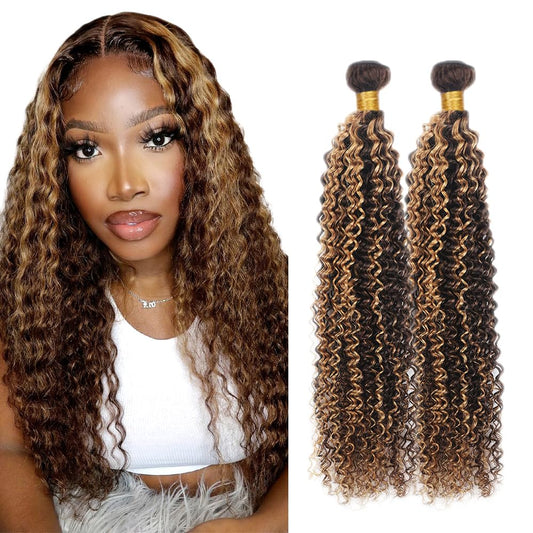 Highlight Kinky Curly Bundles Color 4/27 Human Hair Bundles 8A Brazilian Virgin Blonde Curly Human Hair 2 Bundles 14 14 Inch Ombre Blonde Bundles Mix Brown Human Hair Bundles