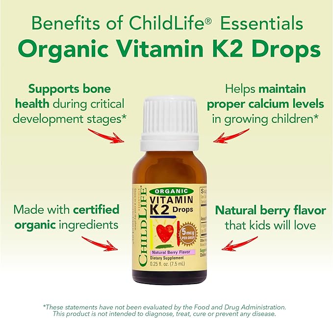 CHILDLIFE Essentials Organic Vitamin K2 Drops - Infant Toddler Baby Vitamin K, K2 Supplement, Vitamin K2 MK7, Liquid K2, Vitamin K Drops - Natural Berry Flavor, 0.25 Fl Oz (Pack of 1)