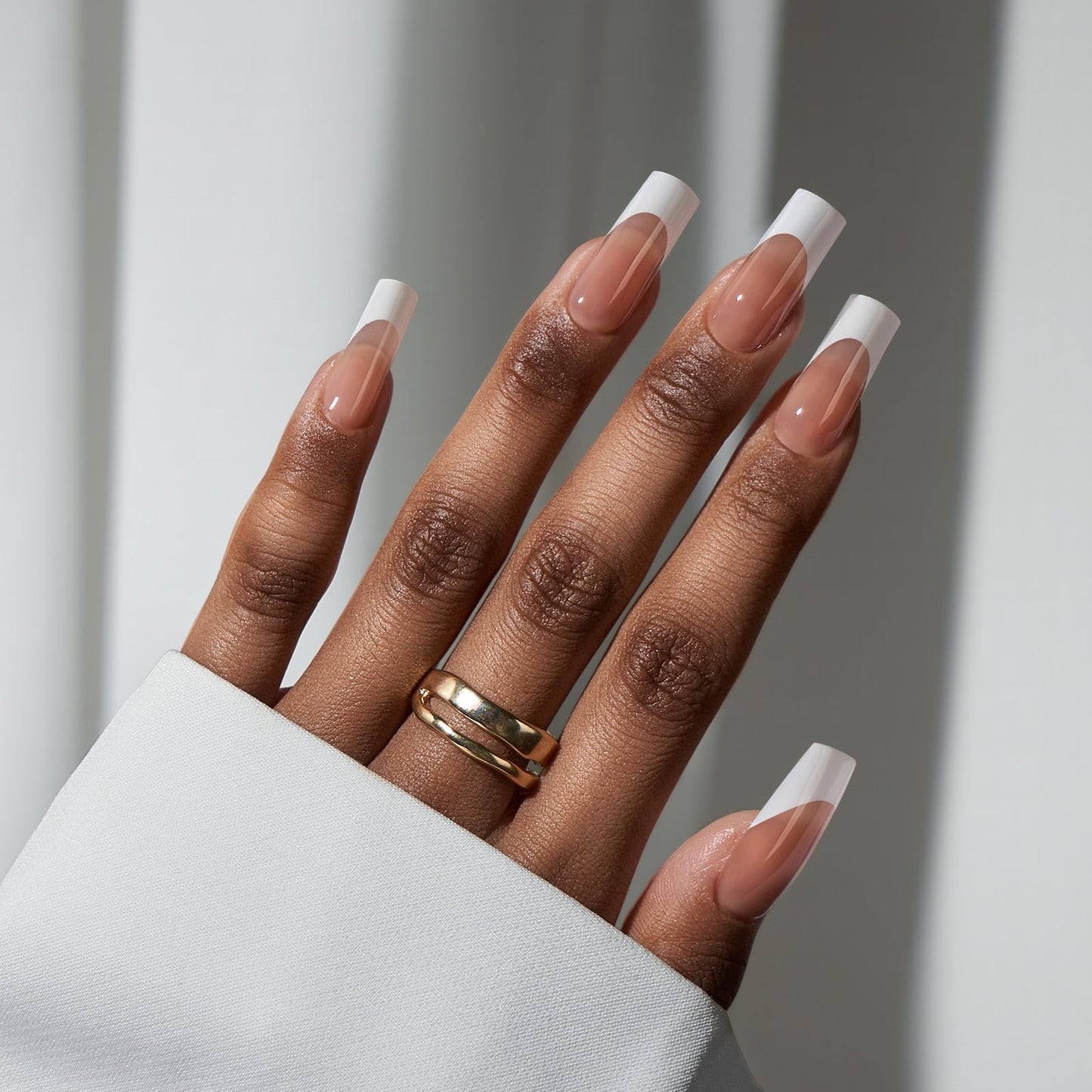 BTArtbox French Tip Press On Nails - Square Press On Nails Long, Natural Fake Nail with Nail Glue, Brown Glue On Nails in 15 Sizes - 30 Fake Nails Kit