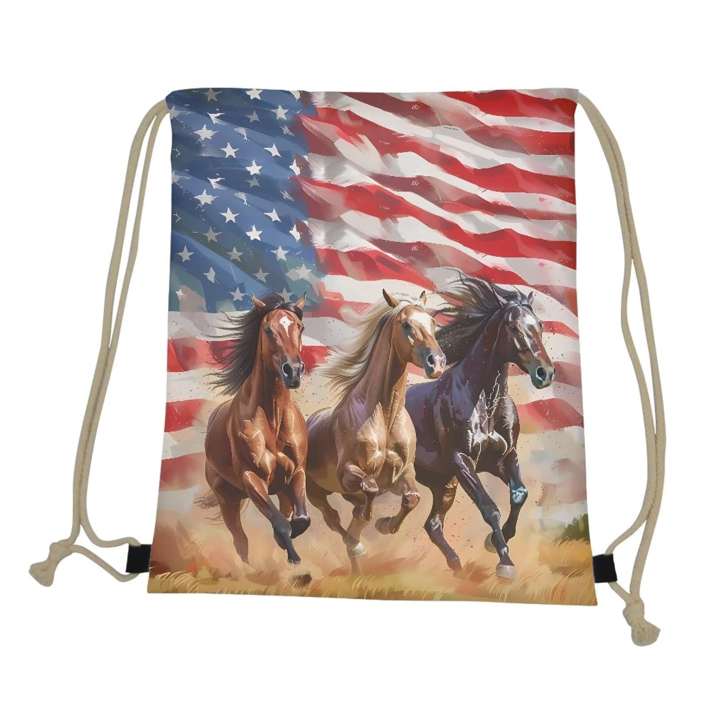 COEQINE 4th Of July Themes Drawstring Bag Horse Drawstring Bag Large Capacity Running Animal Bookbag for School