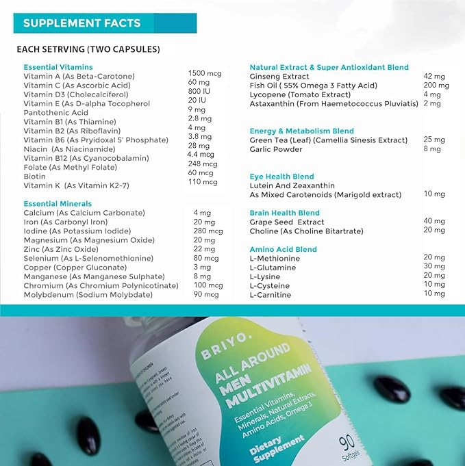 Briyo All Around Men - 38 nutrients (Essential Vitamins, Minerals, Natural extracts, Amino acids) - 90 Capsules