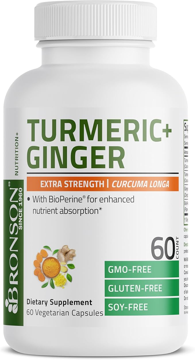 Bronson Turmeric + Ginger Extra Strength Joint Health & Digestion Support with BioPerine, Non-GMO, 60 Vegetarian Capsules