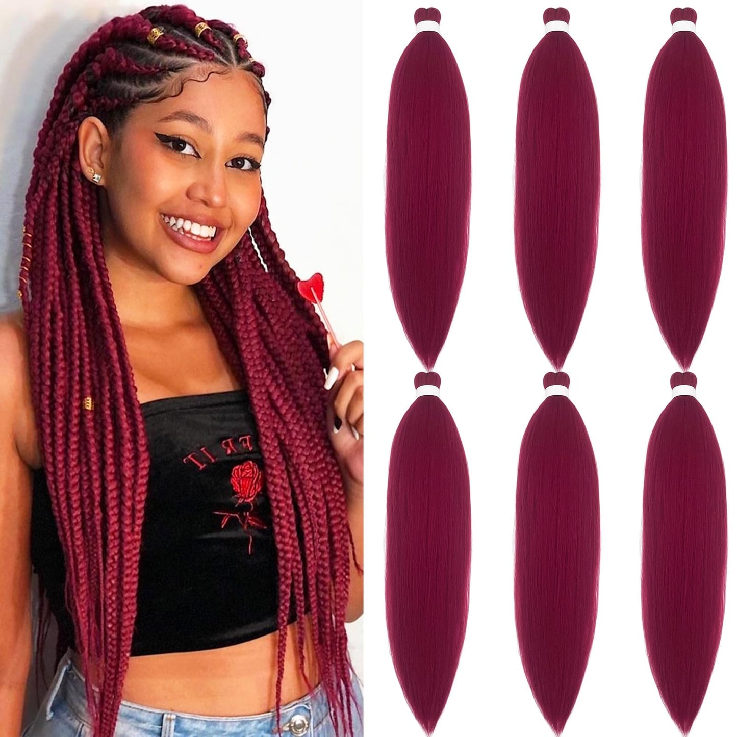 Dark Red Burgundy Braiding Hair Pre Stretched 26 inch Synthetic Hair for Braiding Micro Braiding Hair Extensions for Box Braids Long Knotless Prestretched Pre Stretched Braiding Hair (Pack of 6, 900#)