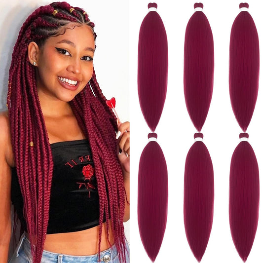 Dark Red Burgundy Braiding Hair Pre Stretched 26 inch Synthetic Hair for Braiding Micro Braiding Hair Extensions for Box Braids Long Knotless Prestretched Pre Stretched Braiding Hair (Pack of 6, 900#)